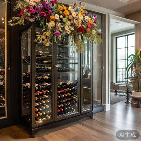 红酒柜配活花，家居艺术新境界