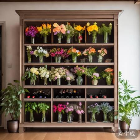 红酒柜上层花朵香，旁放盆栽添生