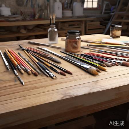 绘画准备:颜料、画笔、刷子、砂