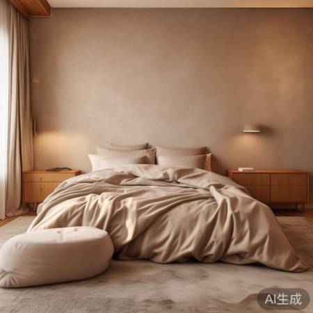 温馨卧室，柔和色彩，简约家具。