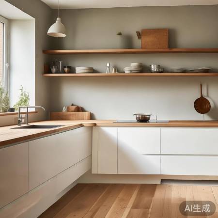 厨房配色统一，墙面收纳巧增空间